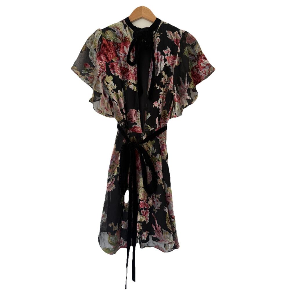 ZARA Devore Floral Burnout Velvet Mini Dress Tie Waist XS Whimsigoth Romantic - Picture 7 of 15